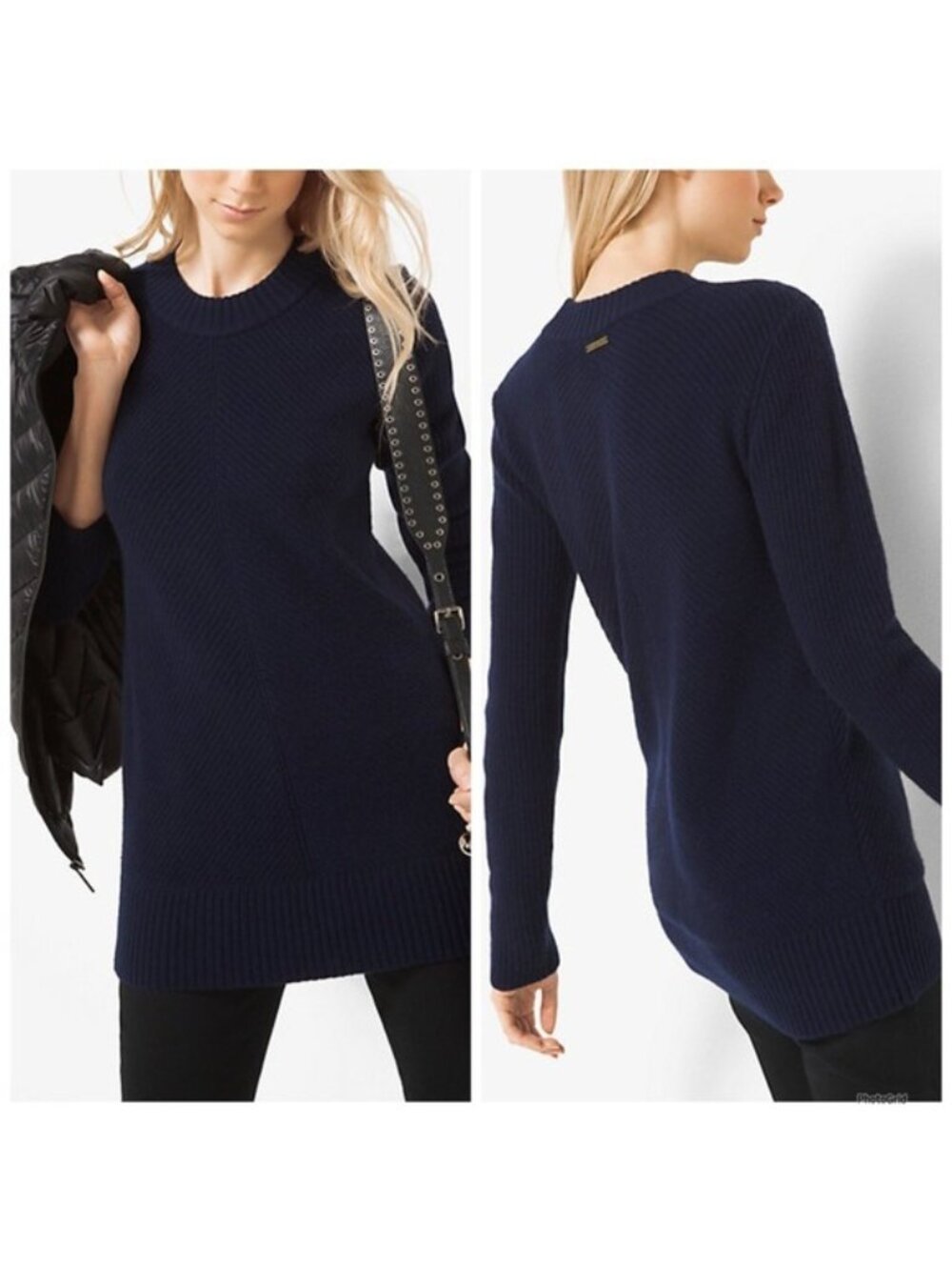 MICHAEL MICHAEL KORS Navy blue Ribbed Merino Wool and Cashmere Sweater Small